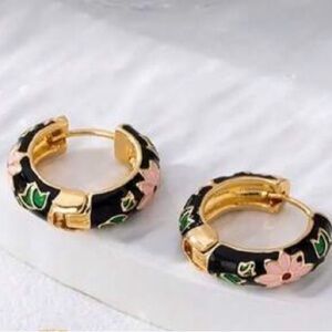 5/$25 Floral Hoop Earrings in Black and Gold